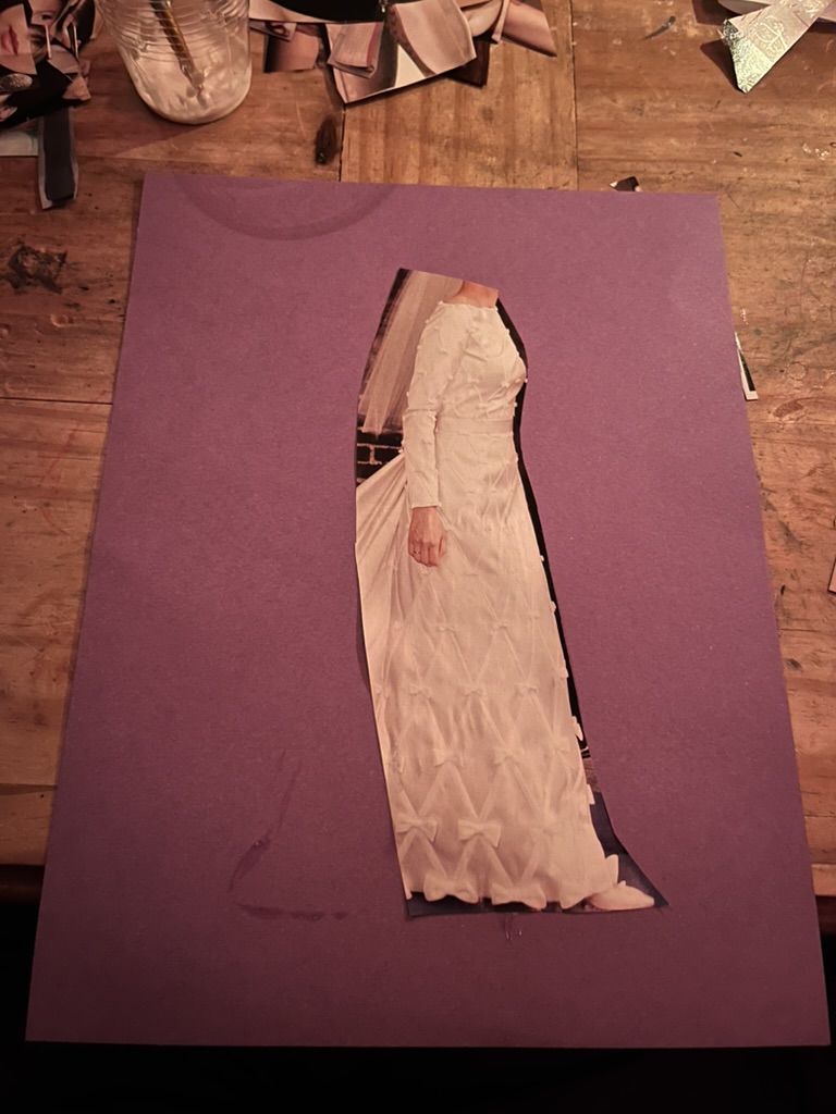 The beginning of the collage: a single woman in a white dress on purple paper