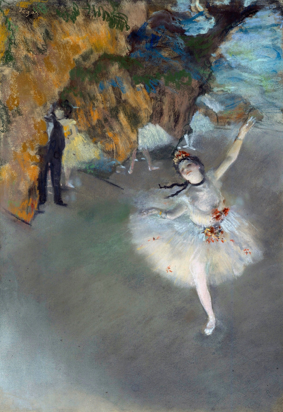 L'Etoile (The Star) by Edgar Degas, 1878 - a young ballerina caught mid-pirouette under stage spotlights, arms extended, tutu glowing, while shadowy figures wait in the wings behind her