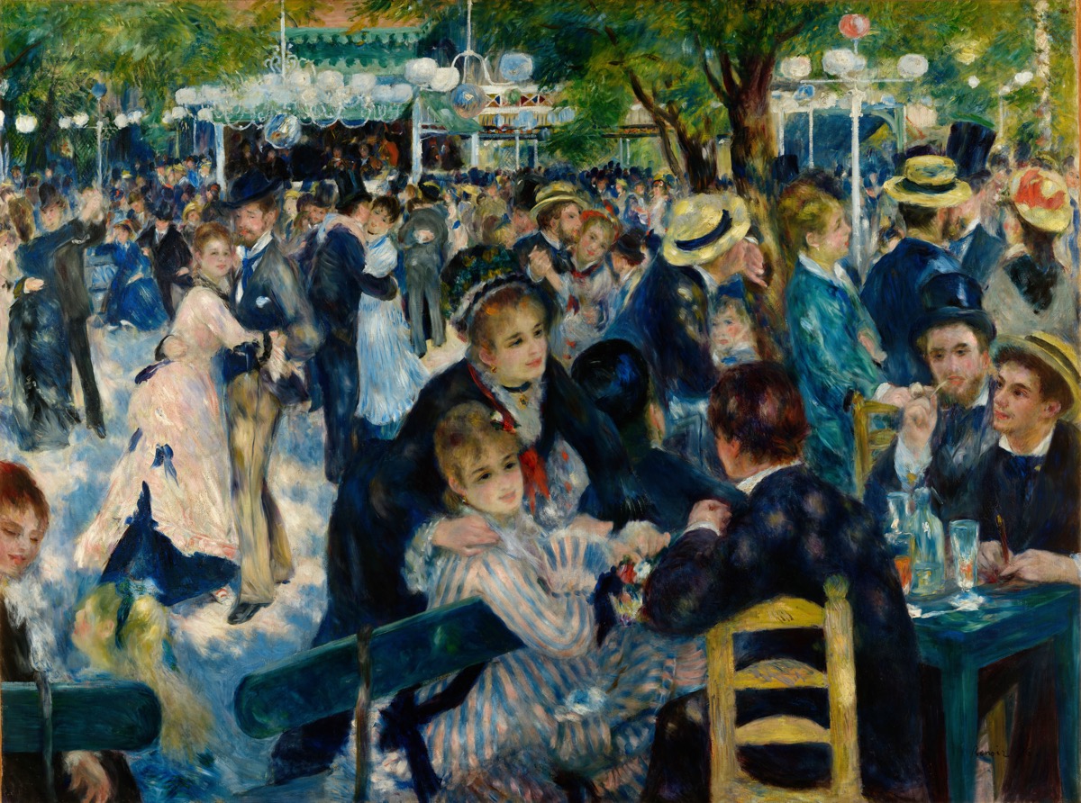 Bal du moulin de la Galette by Pierre-Auguste Renoir, 1876 - a dappled-light Sunday-afternoon dance scene at a Montmartre garden cafe, couples spinning, others sitting at tables with drinks, the whole canvas alive with sun and chatter