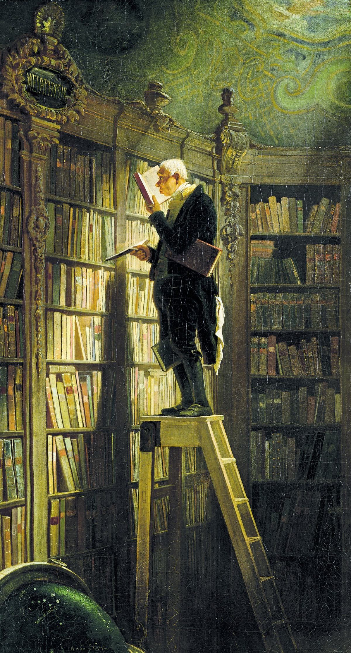 The Bookworm by Carl Spitzweg, c. 1850 - a scholar perched on a tall library ladder, absorbed in a book, with two more books tucked under his arm and one pinched between his knees
