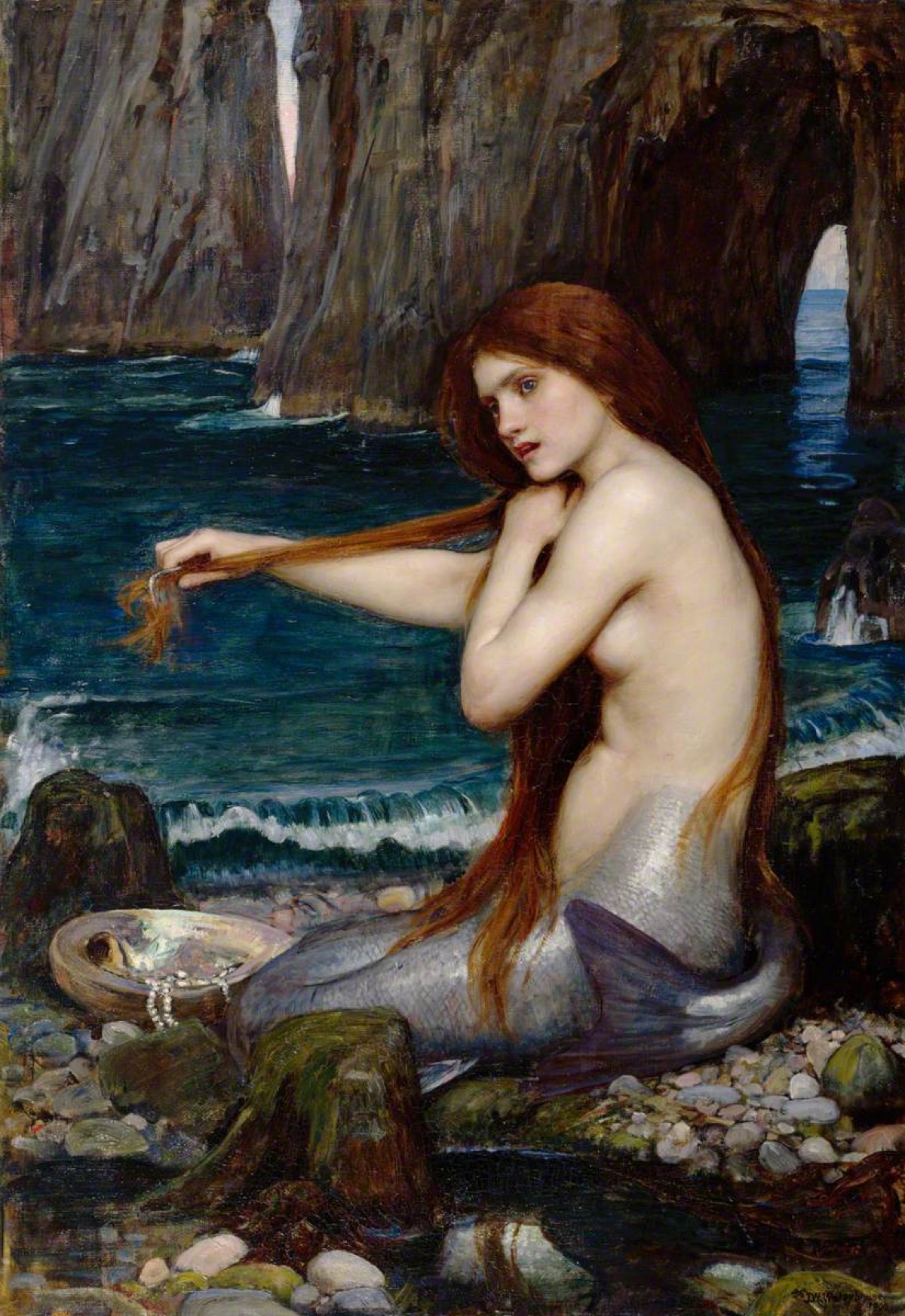 A Mermaid by John William Waterhouse, 1900 - a mermaid sits on a rock by the sea, combing her long auburn hair, gazing thoughtfully into the distance